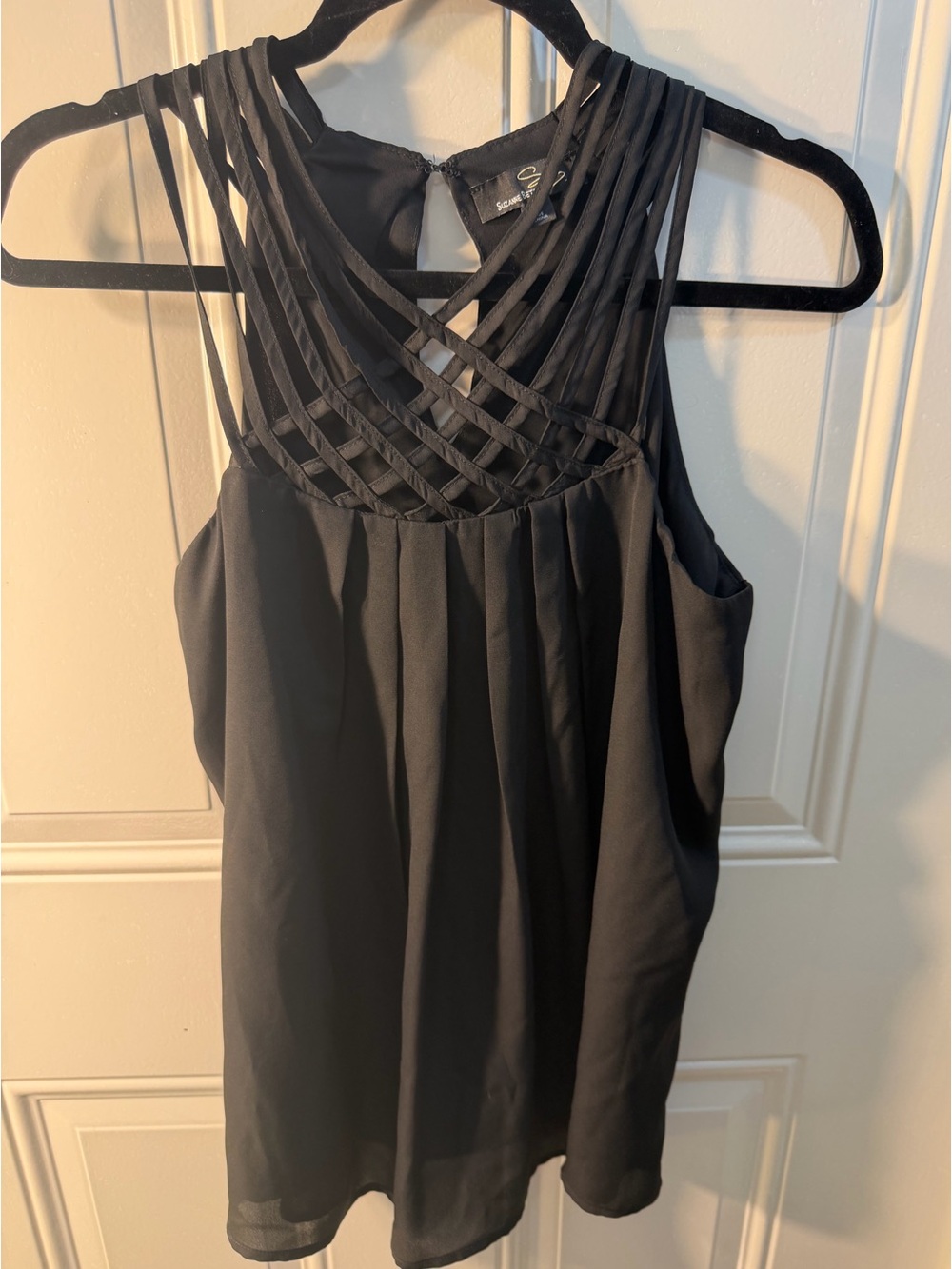 Suzanne Betro black cross cross pattern neckline sleeveless blouse boho y2k goth